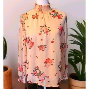 Midnight Sky Women's Blouse Size Small Long Sleeve Floral Pleated Neck & Cuffs